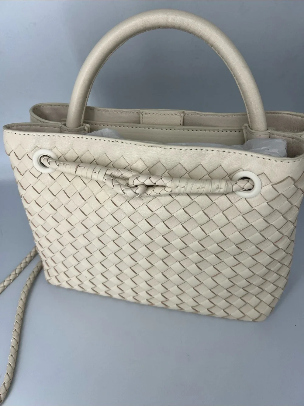 Quince Romy hand Woven Leather Top-Handle Tote in bone